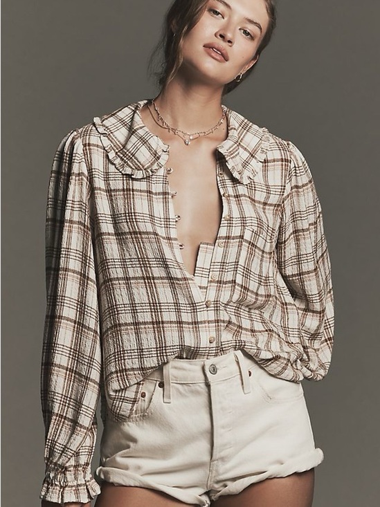 Pilcro Tops - Pilcro Plaid Button-Front Blouse in Cream and Brown